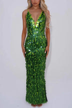 V Neck Cut Out Sequin Bodycon Maxi Cami Party Dress