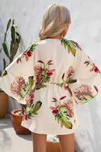 Deep V Neck Button Front Kimono Sleeve Drawstring Botanical Print Mini Dress