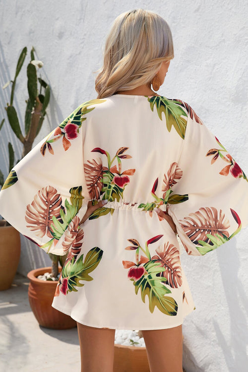 Deep V Neck Button Front Kimono Sleeve Drawstring Botanical Print Mini Dress