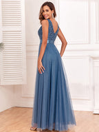 V-neck Embroidery Sequins Elegant Gauze Formal Dress Maxi Dresses