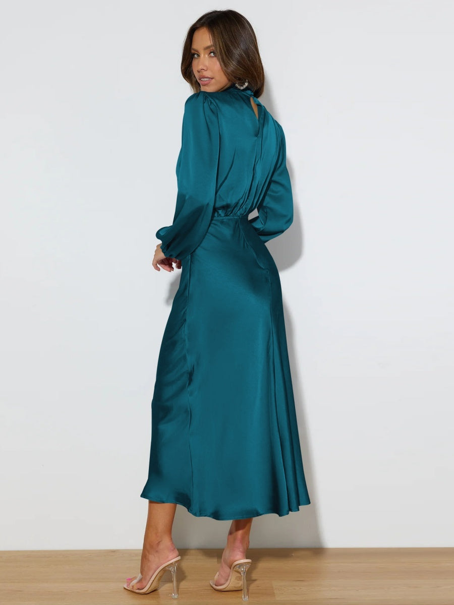 Satin Long Sleeve Loose Turtleneck Midi Dresses
