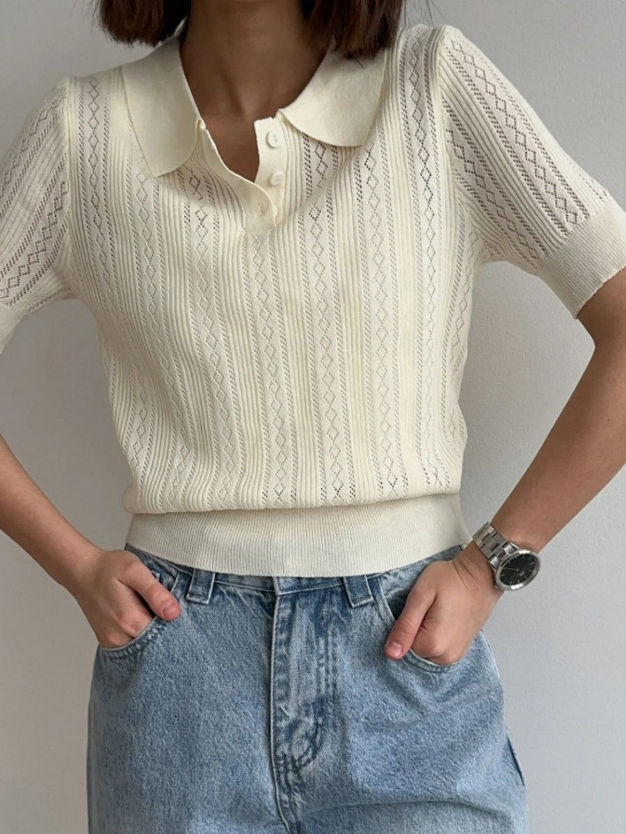 Hollow Crochet Lapel Short Sleeve Knitwear T-shirts