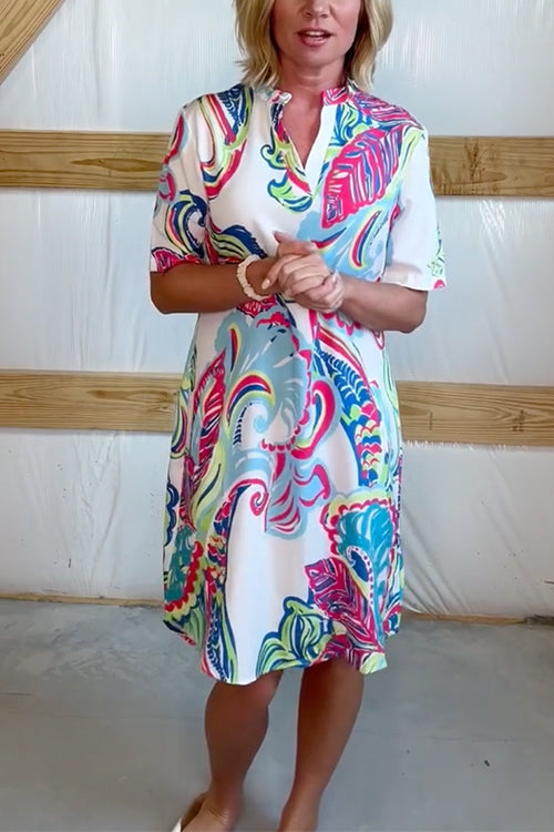 V Neck Short Sleeves Pocketed Unique Print Dress