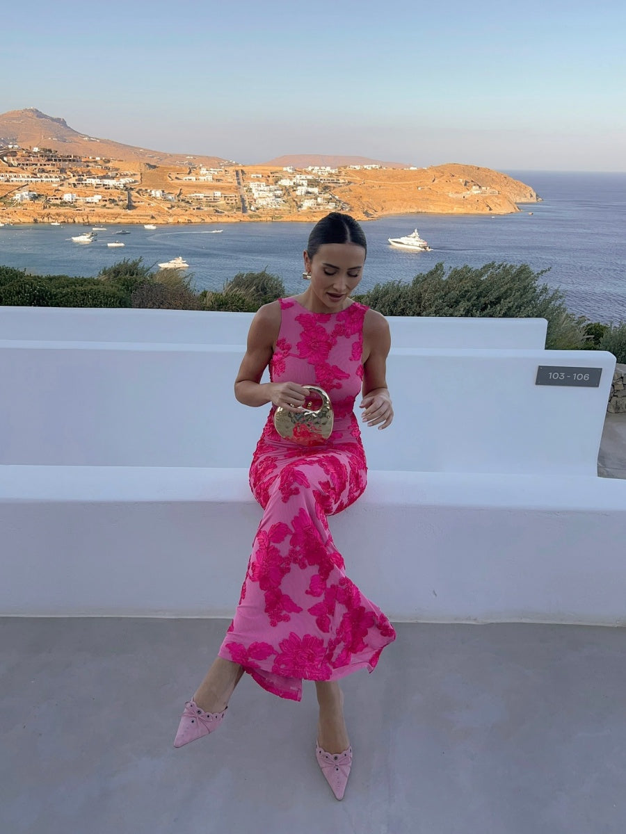 Sexy Bodycon Maxi Dress With 3D Flocked Floral Pattern