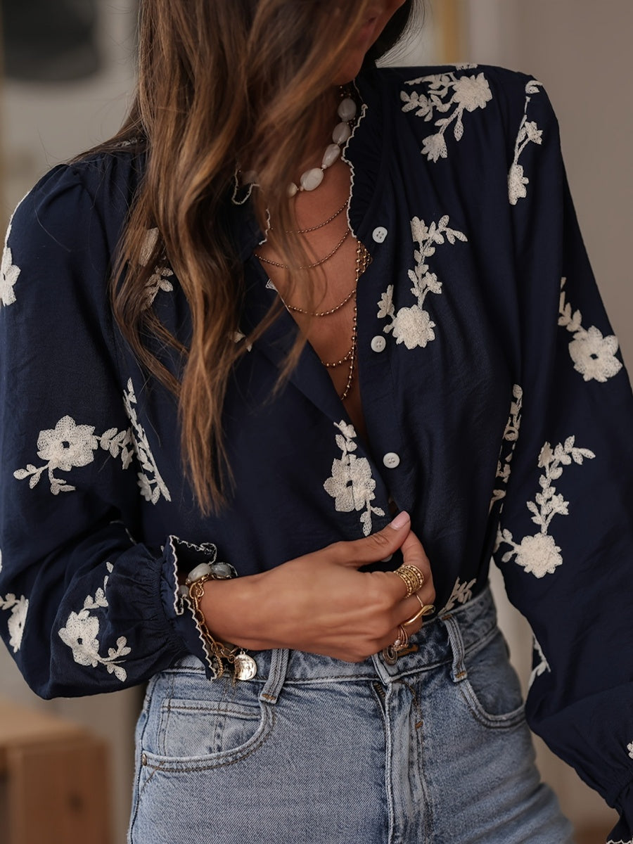 Floral Embroidery Color Block V-Neck Long-Sleeve Shirt