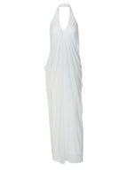 Loose-fitting, Backless, Sleeveless, V-neck, Pleated Halter-neck Mesh Long Dress