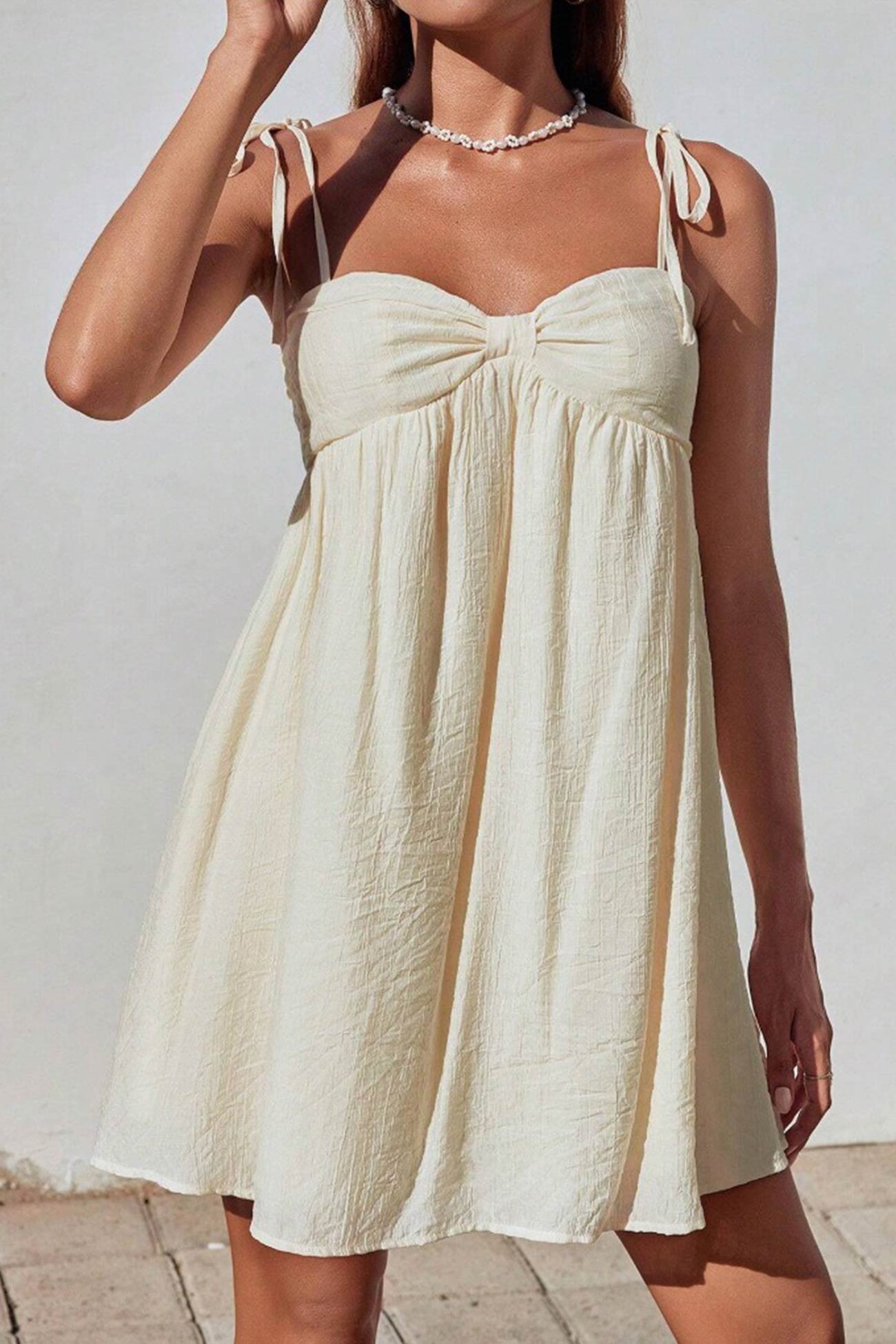 Tie Shoulder Sweetheart Gathered Bust Knot Detail Empire Waist Babydoll Mini Dress