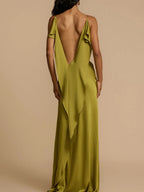 Backless Ribbon Satin Slits Wedding Maxi Dresses