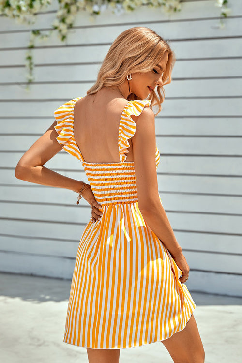 Off-the-Shoulder Smocked Vertical Striped Ruffle Hem Mini Dress