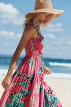 Floral Print Smocked Tie Shoulder Tiered Ruffle Maxi Dress