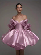 Glossy Fabric, Bow Design, Spaghetti Strap Mini Dress