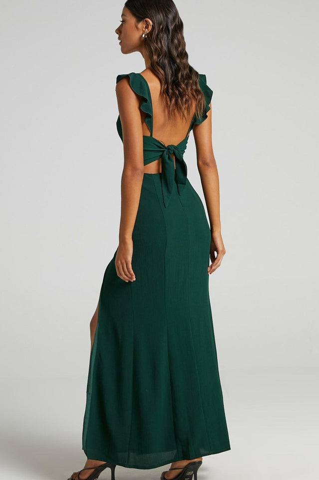 Deep V-Neck Ruffle Strap Thigh Slit Floor Length Maxi Dress