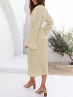 Lace-Up Plunging V-Neck Pleated Long Sleeve Empire Midi Dress