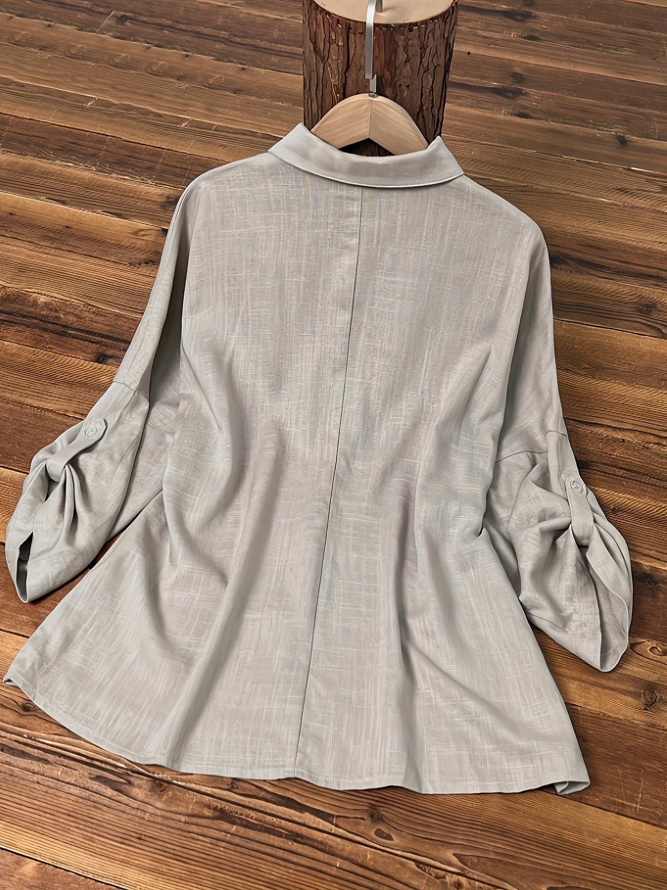 Three-quarter Sleeve Cotton Linen V-neck Loose Button T-shirt