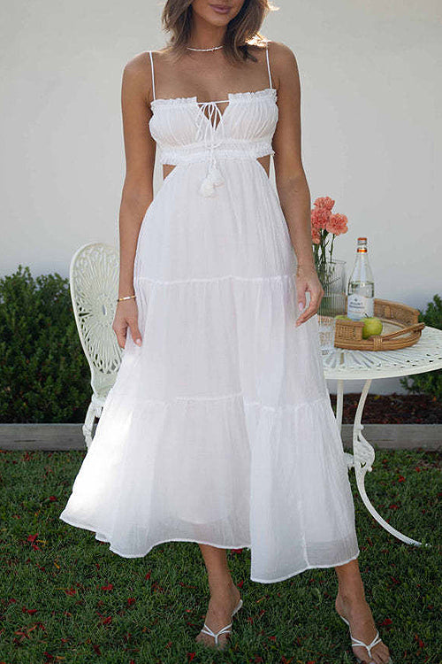Spaghetti Strap Keyhole Bust Side Waist Cut Out Tiered Maxi Dress