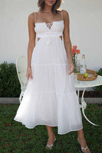 Spaghetti Strap Keyhole Bust Side Waist Cut Out Tiered Maxi Dress