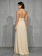 Off-shoulder And Backless Solid Color Halter Neck Long Dress