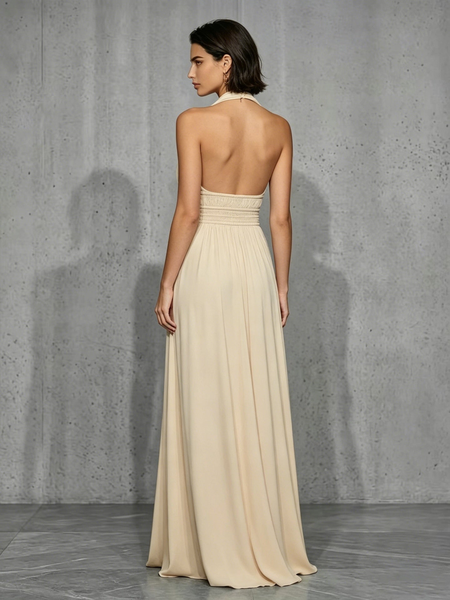 Off-shoulder And Backless Solid Color Halter Neck Long Dress