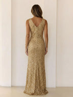 V-neck Sequins Slit Banquet Formal Dress Parties Maxi Dresses