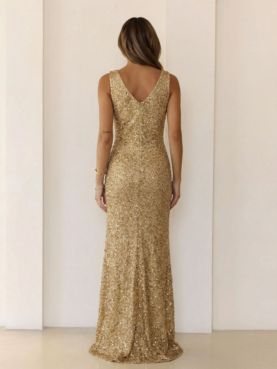 V-neck Sequins Slit Banquet Formal Dress Parties Maxi Dresses
