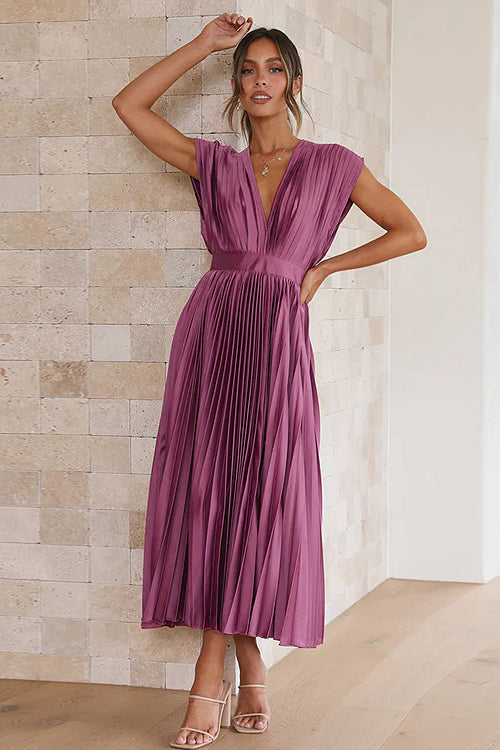 Pleated Satin Deep V-Neck Cap Sleeve Cinched Waist A-Line Midi Dress