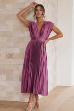 Pleated Satin Deep V-Neck Cap Sleeve Cinched Waist A-Line Midi Dress