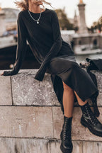 Knit Crew Neck Long Sleeve Relaxed Side Split Midi Dress