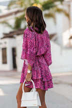 Abstract Print Plunging V-Neck Twist Front Bell Sleeve Tiered Mini Dress