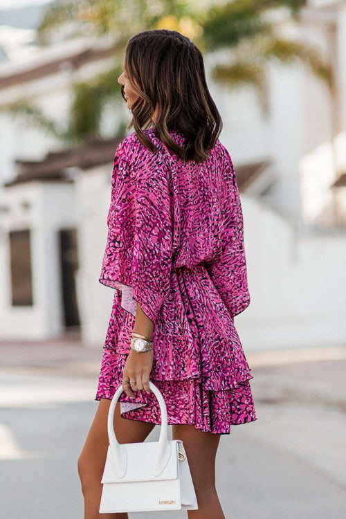Abstract Print Plunging V-Neck Twist Front Bell Sleeve Tiered Mini Dress