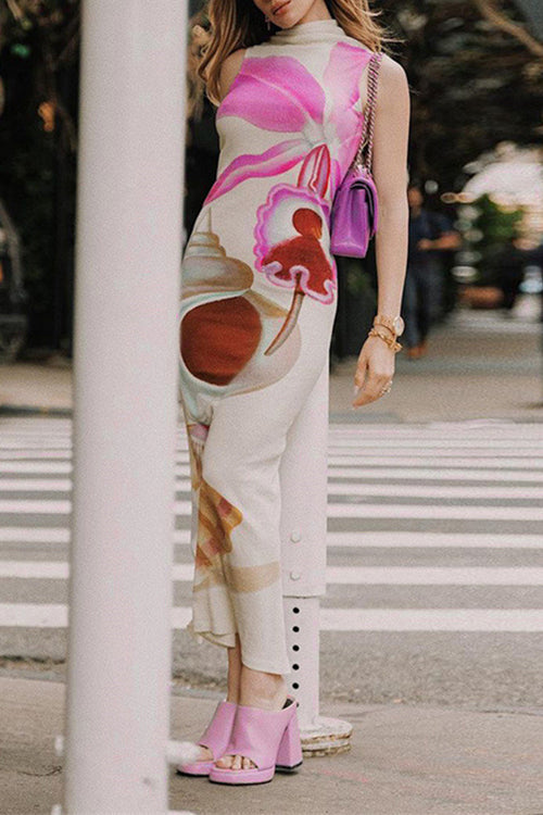 Mockneck Sleeveless Back Slit Floral Print Maxi Dress