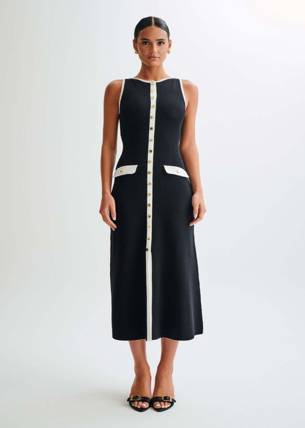 Ribbed Knit Contrast Trim Button Front Pocket Flap Sleeveless Midi Dress