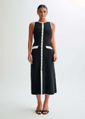Ribbed Knit Contrast Trim Button Front Pocket Flap Sleeveless Midi Dress