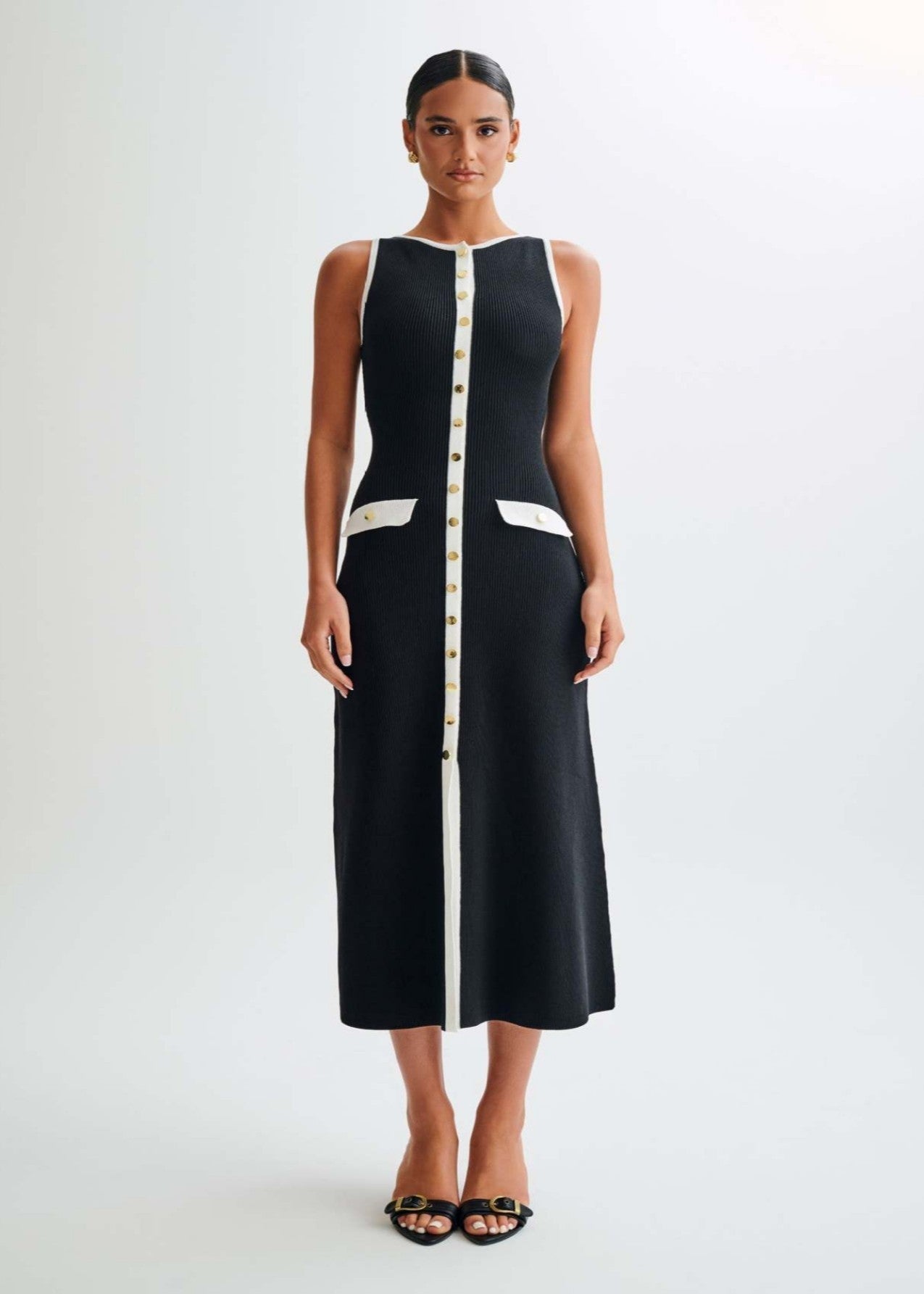 Ribbed Knit Contrast Trim Button Front Pocket Flap Sleeveless Midi Dress