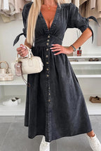 Denim Deep V-Neck Puff Sleeve Button Front Split Midi Dress