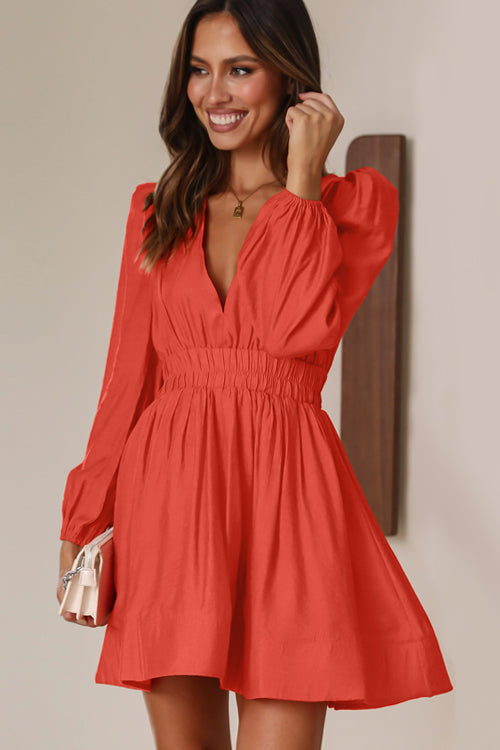 Deep V-Neck Puff Sleeve Shirred Waist Tiered Ruffle Mini Dress