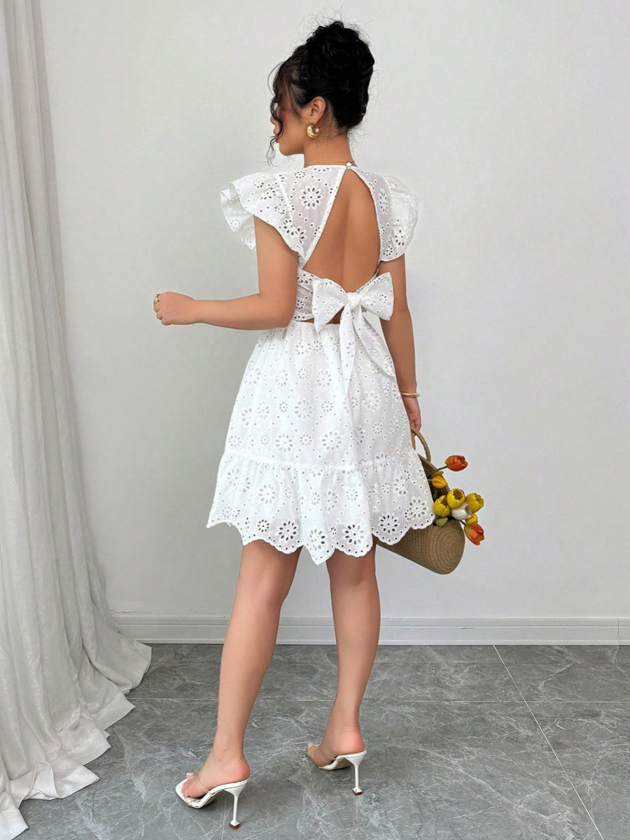 Chain Link Geometric Patterned Wood Ear Trim Mini&Short Dresses