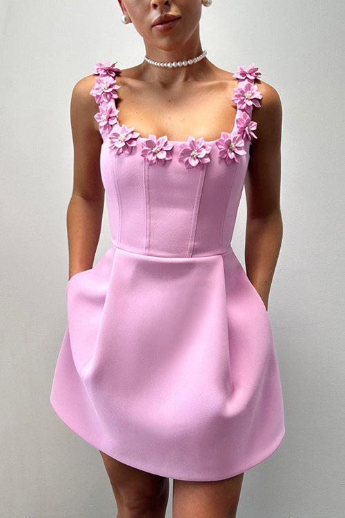 3D Floral Pearl Strap Square Neck Corset Mini Dress