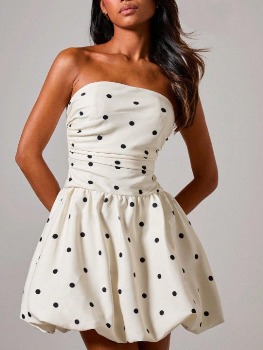 Polka Dot Print Patchwork Strapless Top Mini&Short Dresses