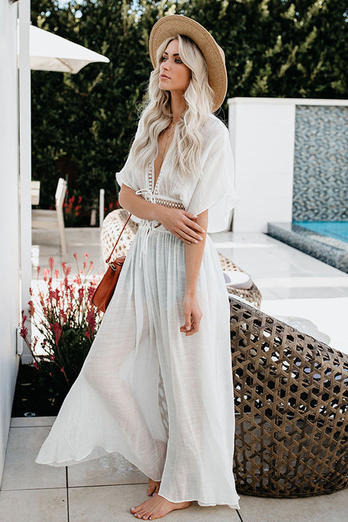 Crochet Lace Trim Kimono Sleeve Tie Waist Embroidered Maxi Dress