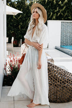 Crochet Lace Trim Kimono Sleeve Tie Waist Embroidered Maxi Dress