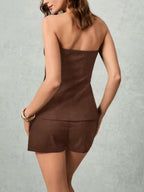 Button-down Strapless Top And Wide-leg Shorts Set