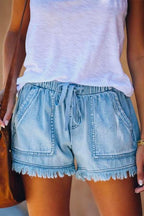 Drawstring High Waist Raw Hem Pockets Shorts