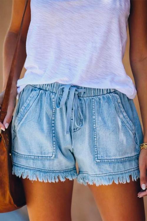 Drawstring High Waist Raw Hem Pockets Shorts