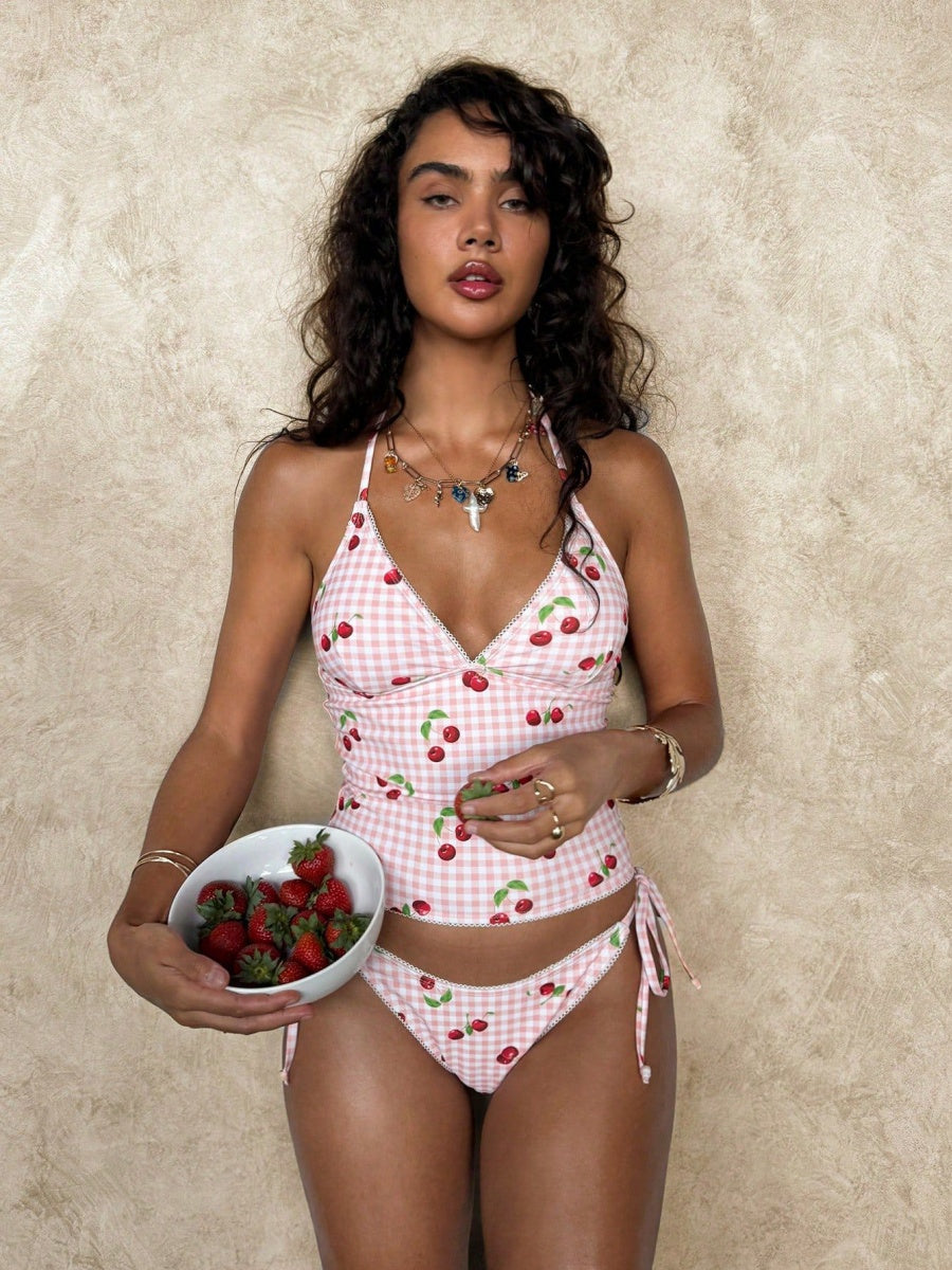 Cherry Print Lace Two-Piece Bikini