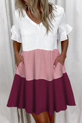 V Neck Ruffle Sleeves Color Block Mini Dress