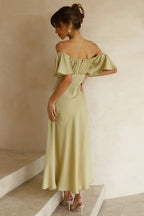 Satin Sweetheart Flutter Sleeve Ruched Bust High Slit Midi Dress
