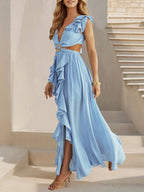 V-neck With Ruffles Backless And Waistless Hollowed-out Slit Back Strap Maxi Dresses