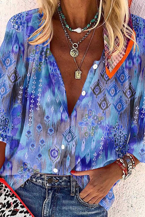 V Neck Long Sleeves Printed Casual Blouse Shirt