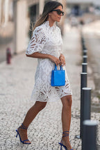 Mock Neck Guipure Lace Scalloped Elbow Sleeve Shift Mini Dress