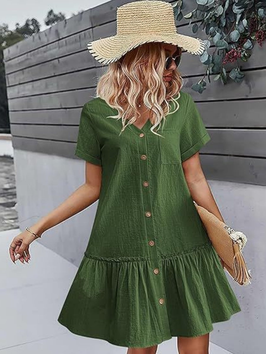 Single Row V-neck Loose-fit Short Sleeve Mini&Short Dresses